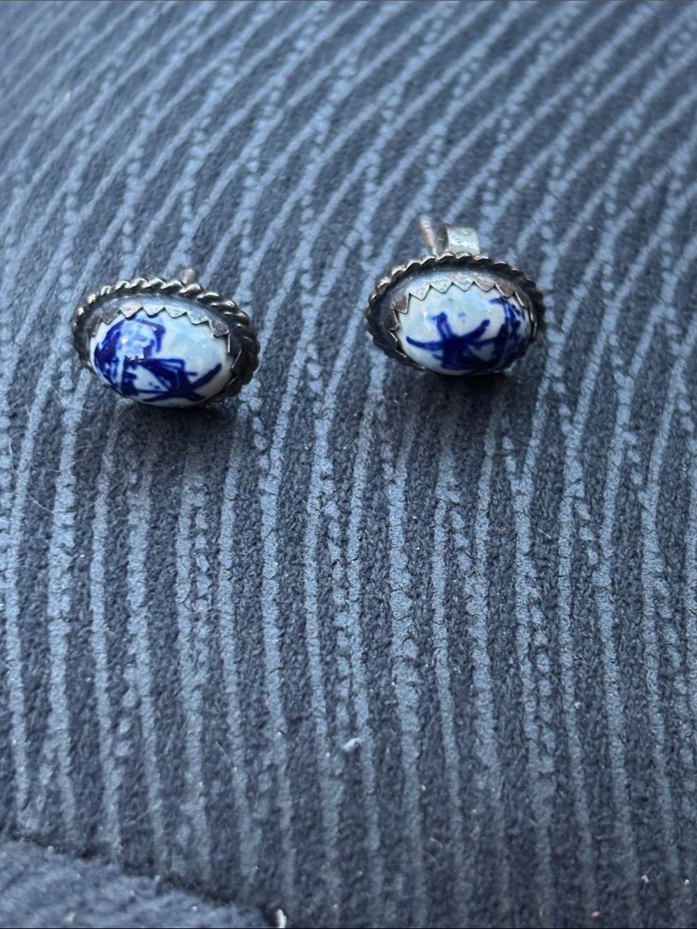 Blue & White Porcelain Oval Stud Earrings in Sterling-Style Setting